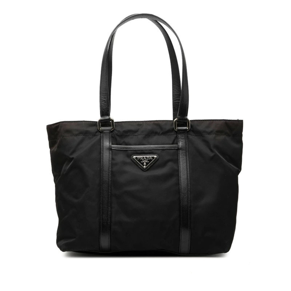 Prada Triangle Plate Tote Bag Shoulder Black Leather